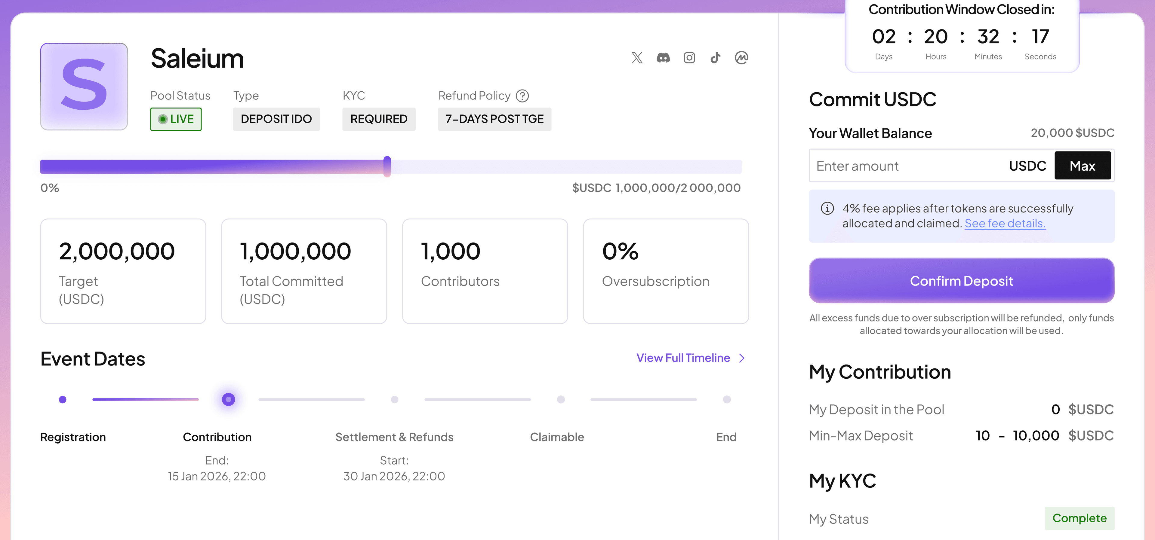 Saleium dashboard running a token sale, staking, vesting and airdrops
